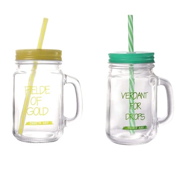 2 Adet 450ML Eski Moda içecek bardağı Seti Smoothie Bardak Mason İçme Kavanoz kulplu kupalar Ve Payet, Sarı ve Yeşil
