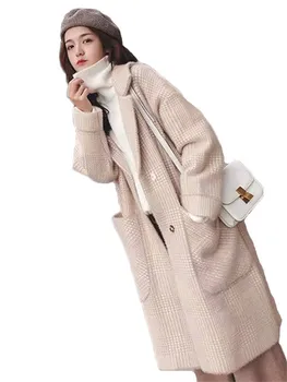 2022 Sonbahar Kış Vizon Kalın Ekose Ceket Bayanlar Moda Kore Versiyonu Yaka Cep İnce Orta uzunlukta Yün Palto Kadın N1552