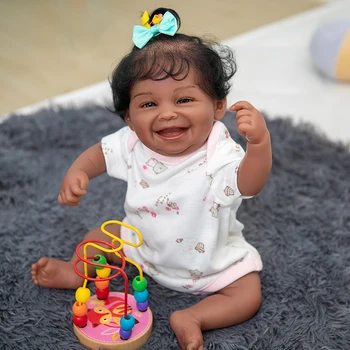 48 CM Reborn Yürümeye Başlayan Koyu Kahverengi Tenli Tam Vücut Silikon Yumuşak Vücut Afrika Amerikan kız Bebek Bebek El Saç