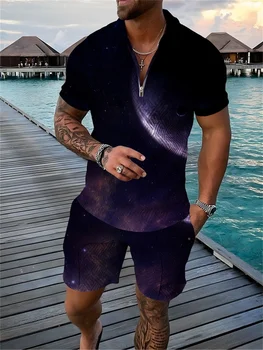 Erkek Eşofman 2 Parça Set Yıldız Baskı 3D POLO GÖMLEK kısa kollu tişört ve Şort Rahat Moda Erkek Giyim