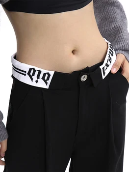 Gelgit Tasarım Siyah Uzun Pantolon Harajuku Y2k dökümlü pantolon Düz Streetwear Geniş Bacak Yüksek Bel Vintage Casual Patchwork Rahat