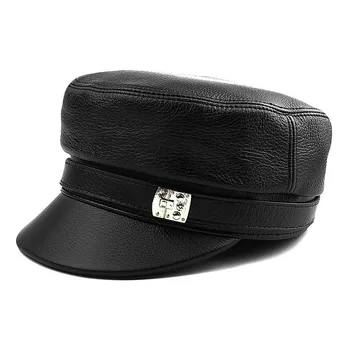 H3519 Erkekler Siyah Askeri Şapka Orta Yaşlı Yaşlı Erkek Hakiki Deri Kap Yüksek Kalite Moda Düz Üst Açık Sıcak Rahat Şapkalar