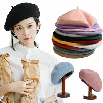 Kadın Kız Bere Fransız Sanatçı Sıcak Yün Kış Bere Şapka Kap Vintage Düz Bere Şapka Düz Renk Zarif Bayan kışlık şapkalar