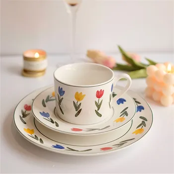 Seramik Kahve Seti Süt Çay Kupalar Bardak ve Tabaklar Mutfak Drinkware Doğum Günü Hediyeleri Düğün Hediyeleri Çiçek Bitmiş 200 ML