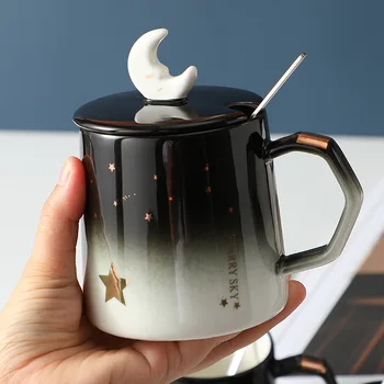 Yaratıcı Yıldız Kupa Bireysel Eğilim Seramik Su Bardağı Nordic Süt Kahve çay kapaklı bardak kaşık