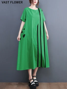 Yeşil Vintage Çizgili Polka Dot Baskı Elbiseler Kadınlar İçin Kısa Kollu Gevşek Casual Uzun yaz elbisesi Moda Zarif Giysiler 2022