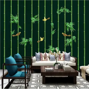 Çin Basit Yatak Odası Çalışma Odası Siyah Arka Plan Bambular Kuşlar 3D Duvar Kağıdı Duvar Kağıtları Ev Dekor Papel De Parede 3D