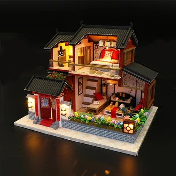 Ahşap DIY Bebek Evi Minyatür Bulmaca Araya 3d Miniaturas Dollhouse Kitleri Oyuncaklar İçin Çocuk Hediye Uğurlu Işareti Loft 4
