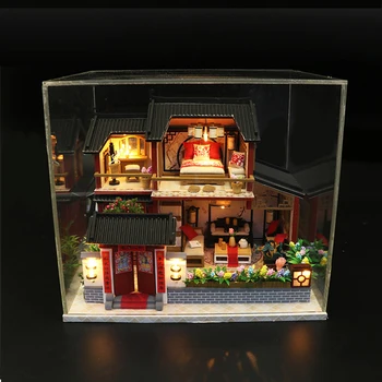 Ahşap DIY Bebek Evi Minyatür Bulmaca Araya 3d Miniaturas Dollhouse Kitleri Oyuncaklar İçin Çocuk Hediye Uğurlu Işareti Loft 5